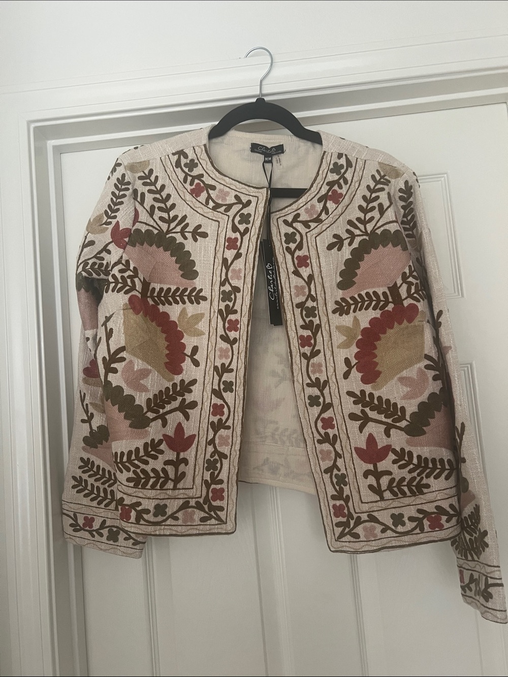 CHARLIE B Embroidered Cream Jacket with Pink, Olive & Rust Motifs